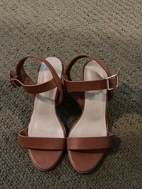 Anne Michelle Tan Brown Open-Toe Ankle Strap Heels